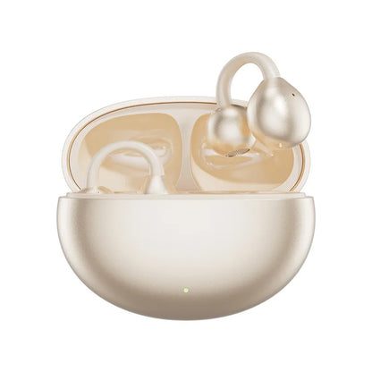 Cream-colored wireless bone conduction headphones clip with glossy finish in matching oval charging case for sports gaming earphone use