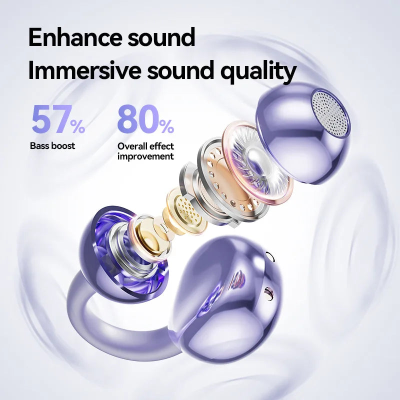 Purple fone bluetooth wireless bone conduction headphones clip with glossy finish and metallic accents for sports gaming use
