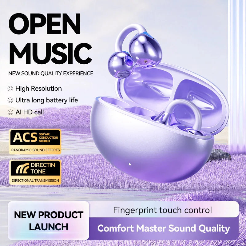 Purple and silver fone bluetooth wireless bone conduction headphones clip with sleek glossy finish in charging case for sports gaming use