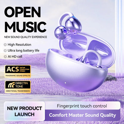 Purple and silver fone bluetooth wireless bone conduction headphones clip with sleek glossy finish in charging case for sports gaming use