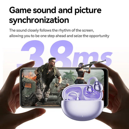 Purple translucent wireless bone conduction headphones clip with matching charging case for sports gaming earphone use