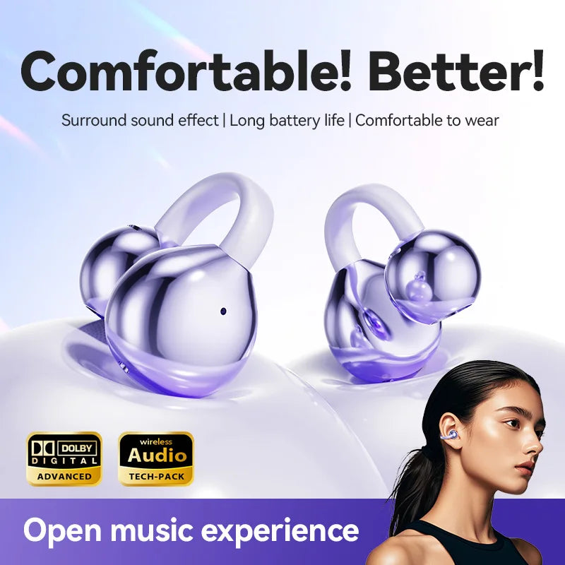 Purple translucent wireless bone conduction headphones clip with metallic accents for sports gaming earphone use