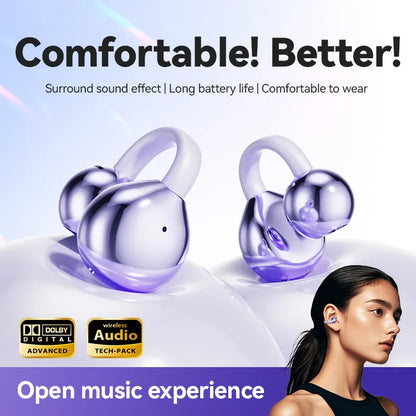 Purple translucent wireless bone conduction headphones clip with metallic accents for sports gaming earphone use