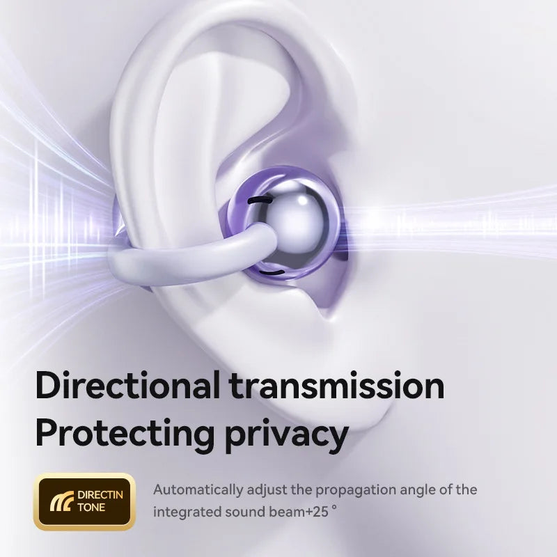 A sleek silver wireless bone conduction earbud with purple translucent housing and white silicone eartip for sports gaming