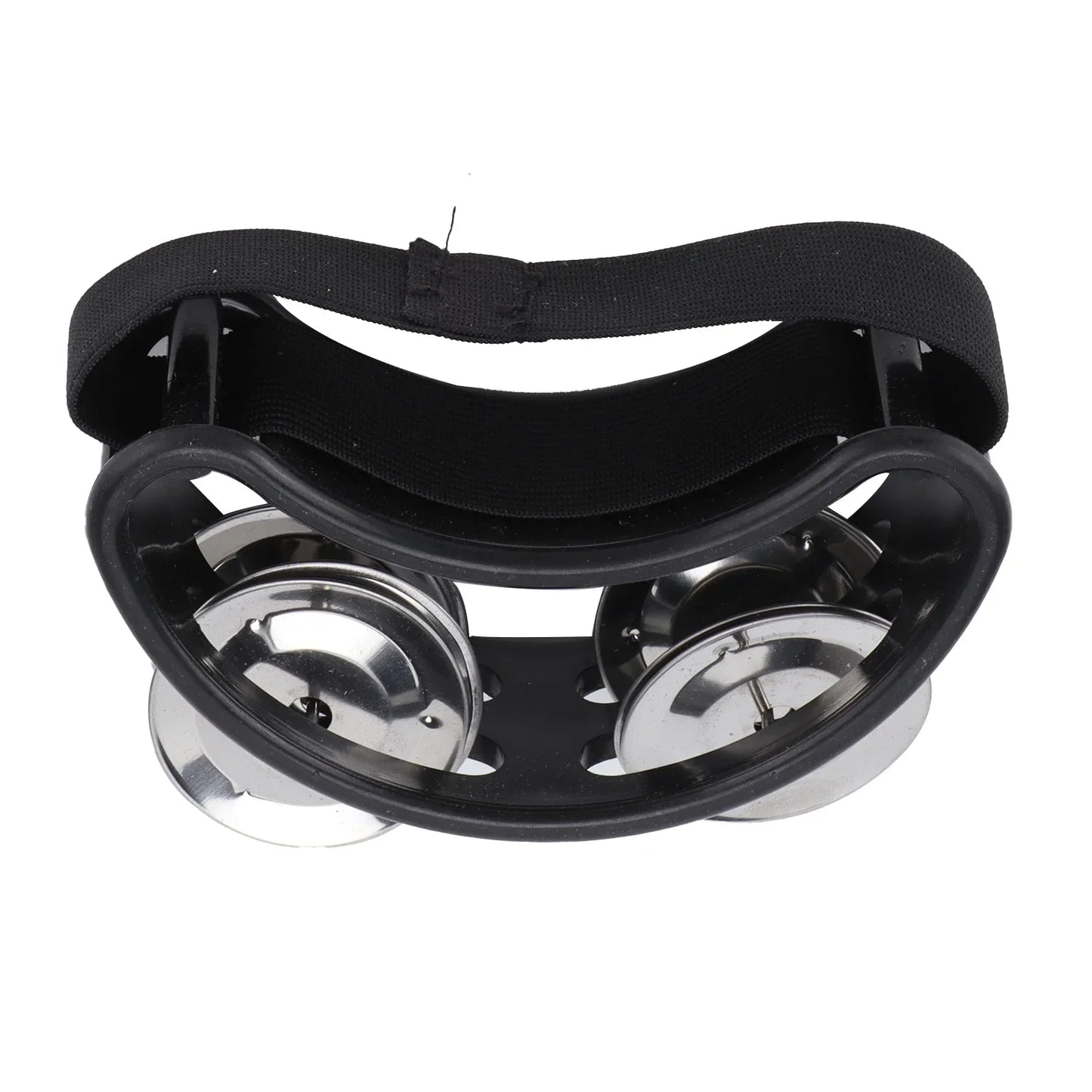 Black foot tambourine shaker percussion drum with chrome set metal jingle and black elastic strap for hands free use