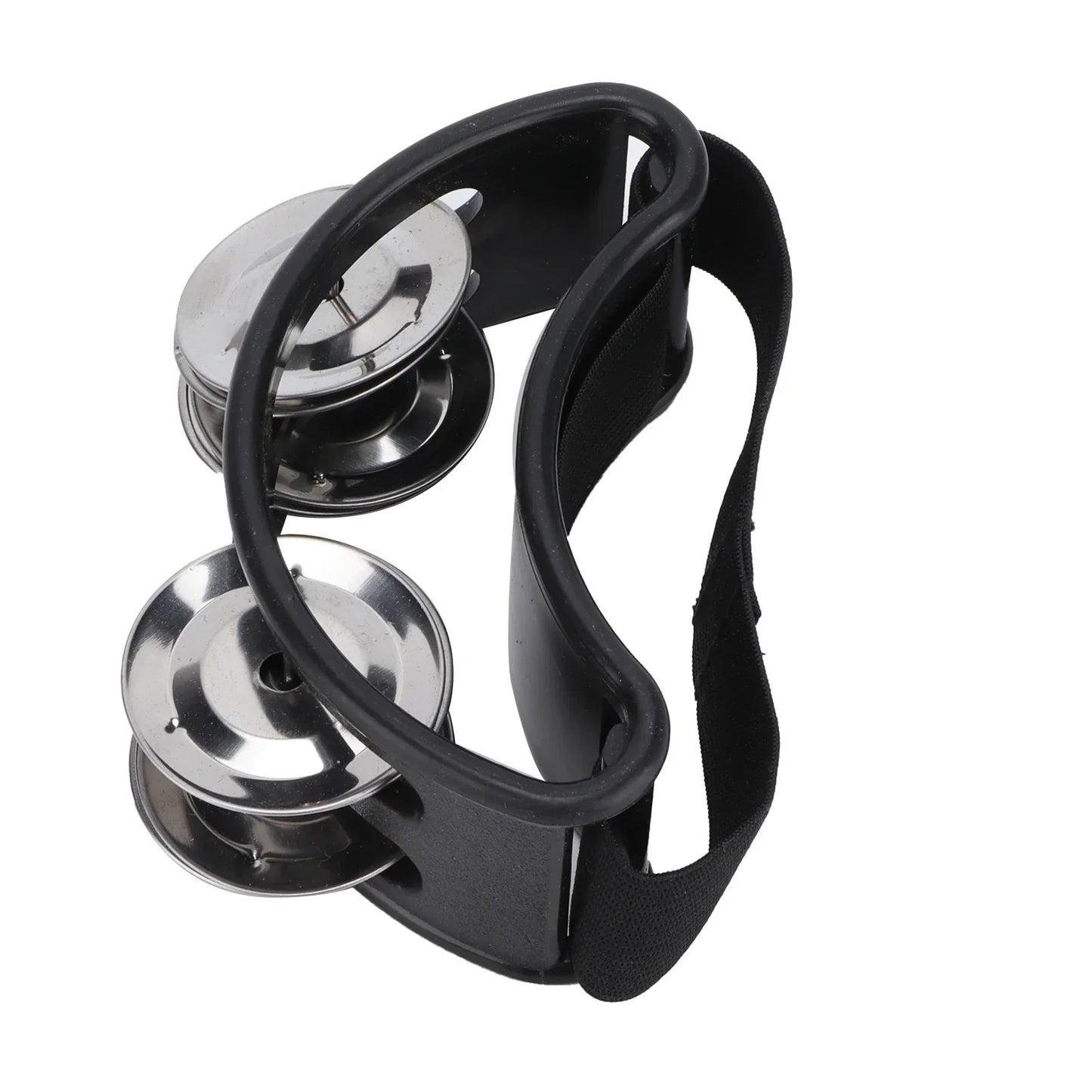 Black foot tambourine shaker with shiny chrome set metal jingle for shaker percussion drum use