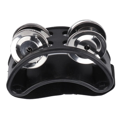 Black plastic foot tambourine shaker percussion drum with four shiny set metal jingle accessories