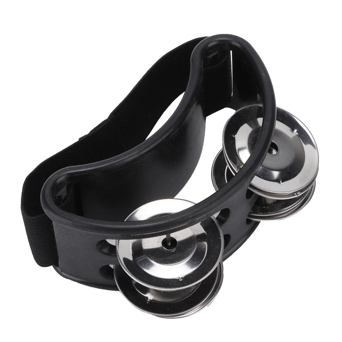 Black plastic foot tambourine shaker with shiny chrome set metal jingles for shaker percussion drum use