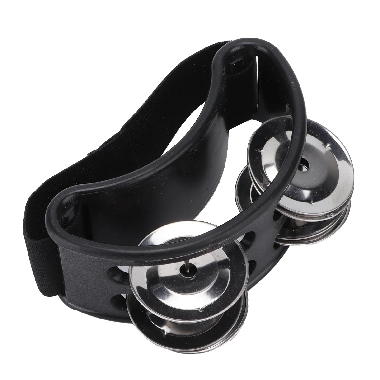 Black plastic foot tambourine shaker with shiny chrome set metal jingles for shaker percussion drum use