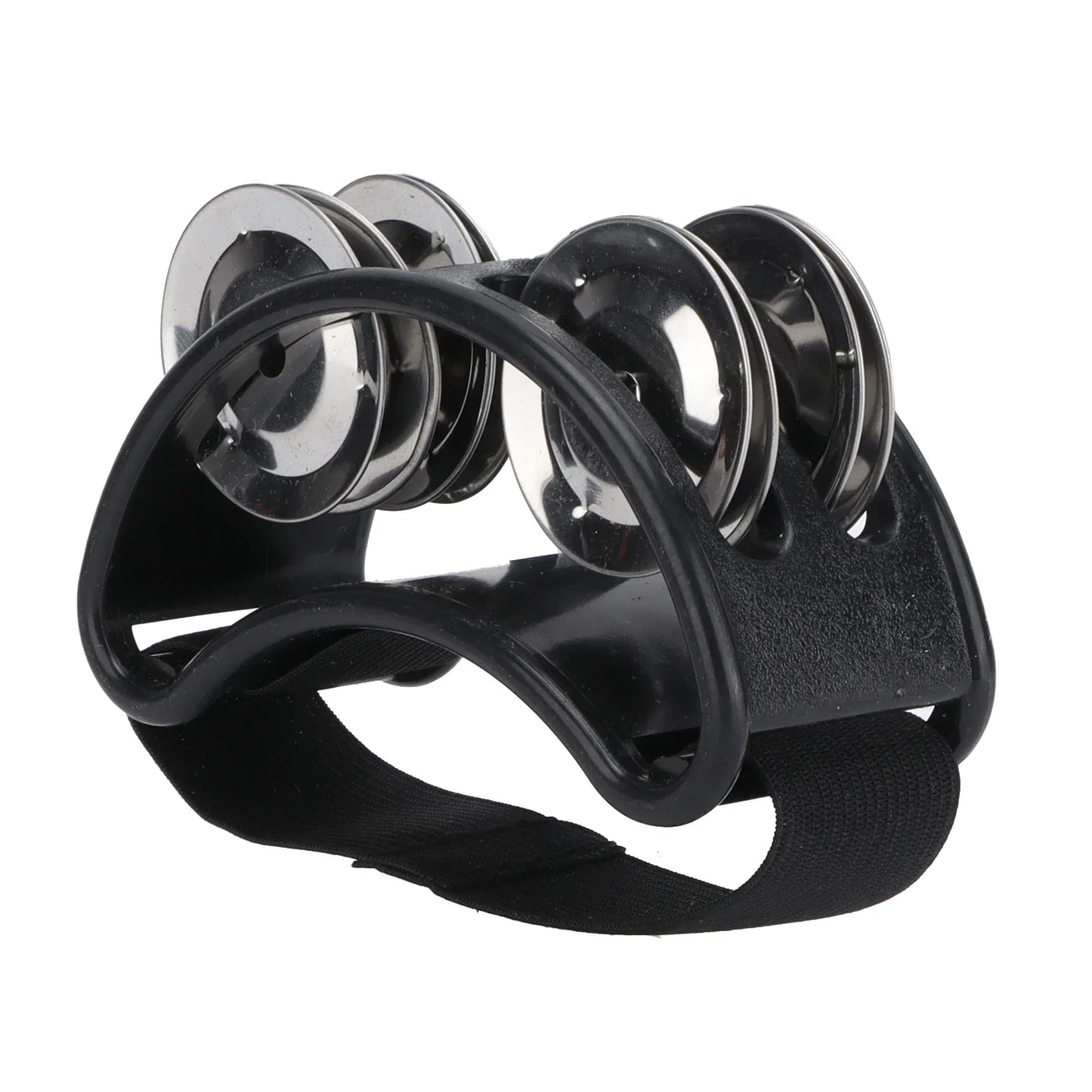 Black plastic foot tambourine shaker with four shiny chrome set metal jingles for shaker percussion drum use