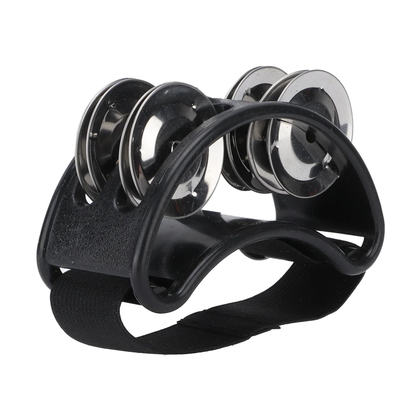 Black plastic foot tambourine shaker with four shiny metal jingles for shaker percussion drum set accessories