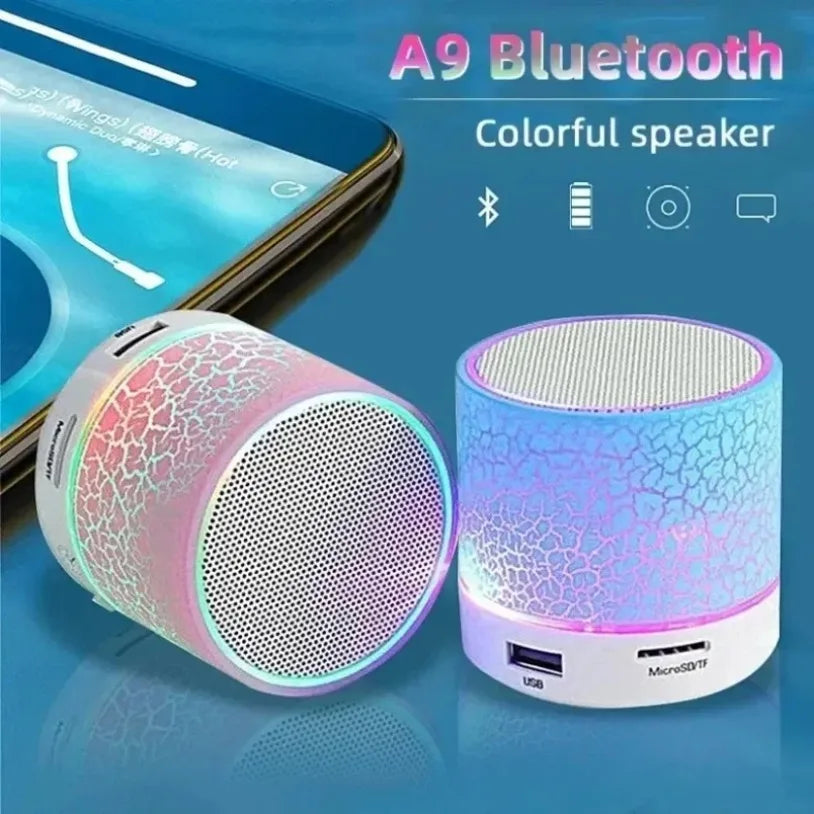 A9 bluetooth mini speaker led with crackled multicolored surface and white mesh grille for car 3d stereo outdoor sound box