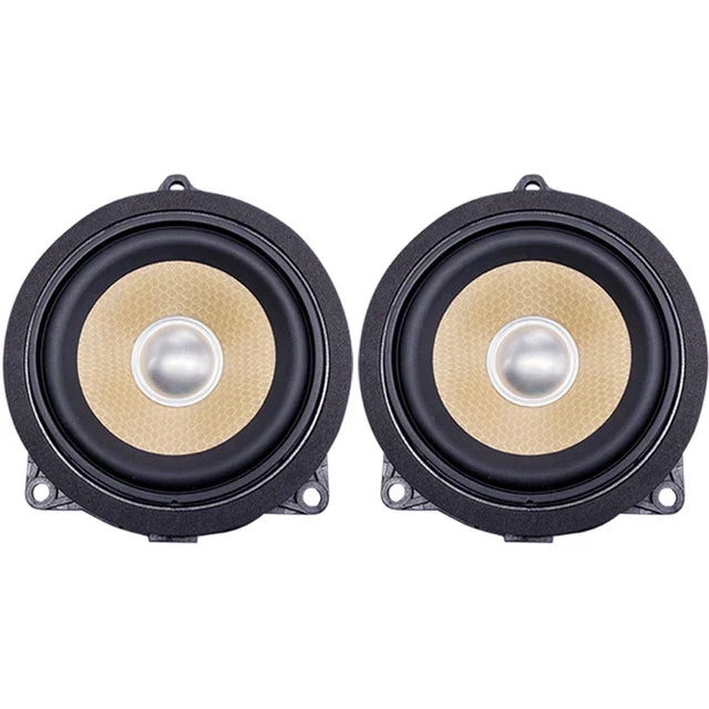 Pair of black and tan coaxial car speakers with silver center cone for BMW F30 F20 F10 G20 midrange door audio system