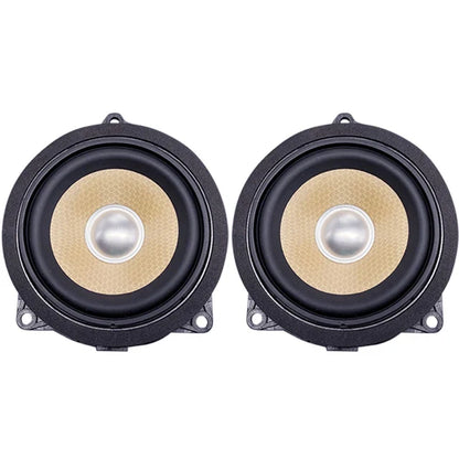Pair of black and tan coaxial car speakers with silver center cone for BMW F30 F20 F10 G20 midrange door audio system