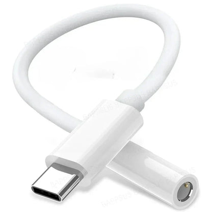 White usb-c to 3.5mm jack earphone adapter with metallic ends for iPhone 17 16 15 plus pro max type-c audio converter cable