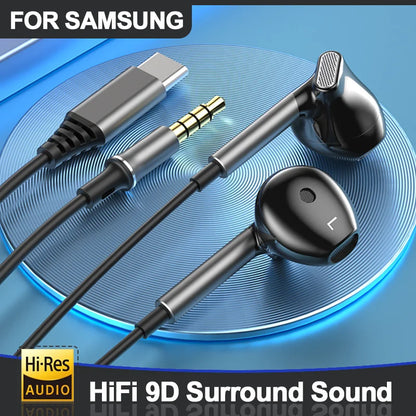 Black in-ear samsung headphones hifi with metallic silver stems and surround sound usb type c and 3.5mm jack cable