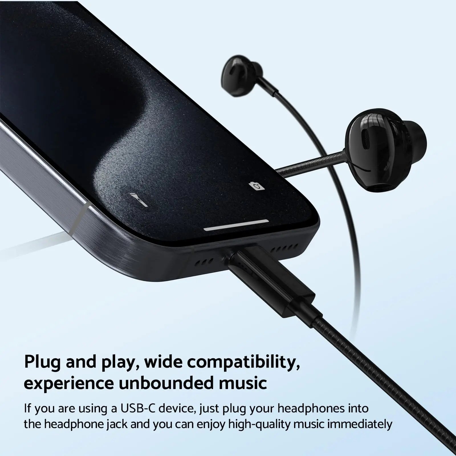 Black wired earphones with glossy finish and wire control wired design for galaxy s24 s23 s22 ultra seamless plug and play