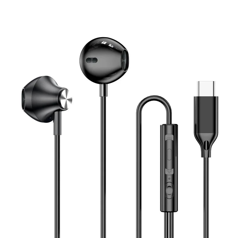 Black in-ear headphones with wire control wired and silver accents for galaxy s24 s23 s22 ultra with usb type c and 3.5mm