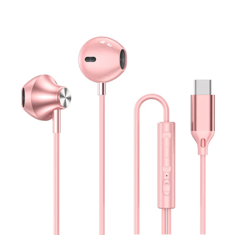 Rose gold metallic finish control wired earplugs with pink cable for galaxy s24 s22 ultra in-ear headphones