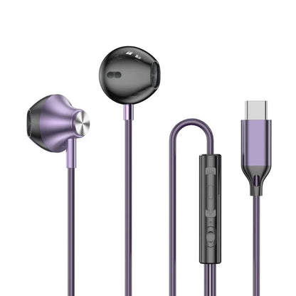 Purple and black sleek wired earphones with usb-c connector and wire control wired earplugs for galaxy s24 s22 ultra