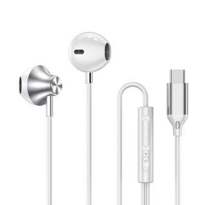 White and silver sleek control wired earplugs with usb-c connector for galaxy s24 s22 ultra in-ear headphones