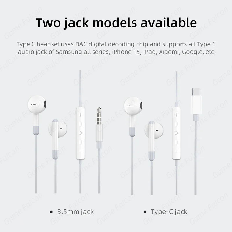 White minimalist mic wired headset with sleek design and interchangeable 3.5mm and type c jacks for galaxy s24