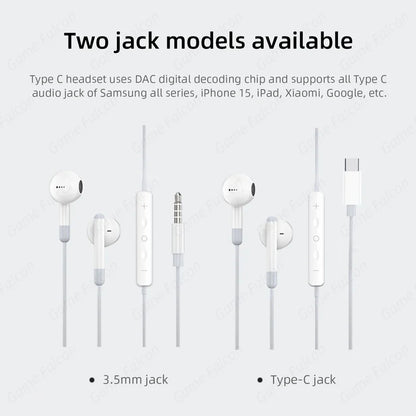 White minimalist mic wired headset with sleek design and interchangeable 3.5mm and type c jacks for galaxy s24
