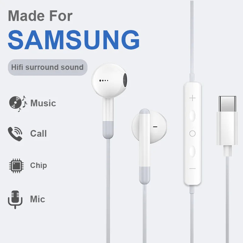 White mic wired headset with usb-c connector for galaxy s24 3.5mm earphone hi fi surround bass sound quality