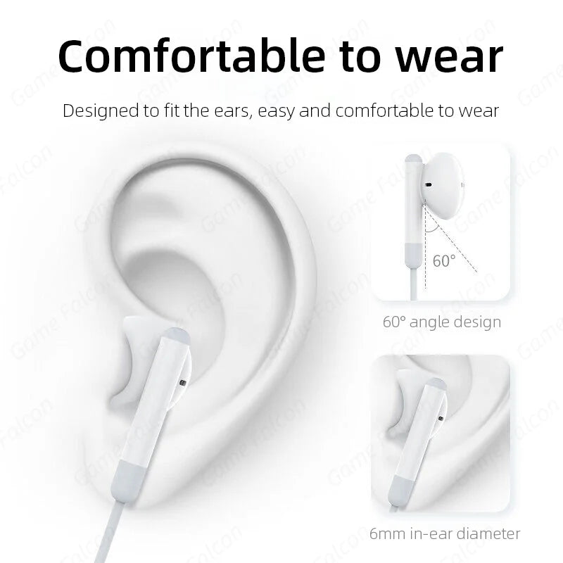 White mic wired headset with ergonomic 6mm tips for galaxy s24 and 5mm earphone compatible devices