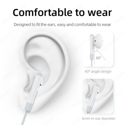 White mic wired headset with ergonomic 6mm tips for galaxy s24 and 5mm earphone compatible devices
