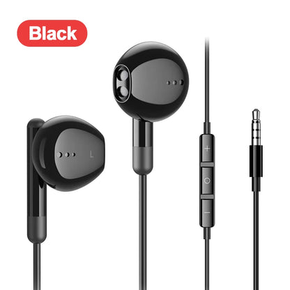 Black in-ear mic wired headset with sleek glossy finish and inline remote for galaxy s24 and 3.5mm earphone use