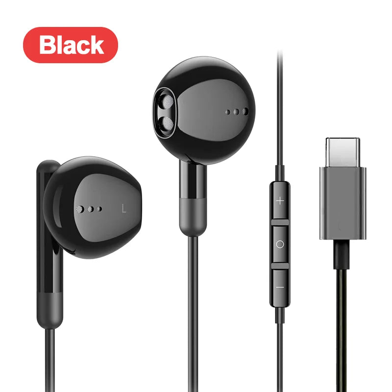 Black glossy mic wired headset with usb-c and volume controls for galaxy s24 5mm earphone use