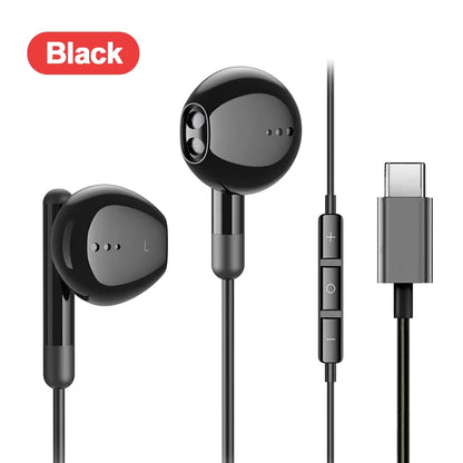Black glossy mic wired headset with usb-c and volume controls for galaxy s24 5mm earphone use