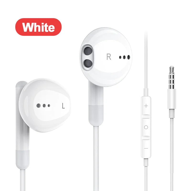 White glossy in-ear 5mm earphone with mic wired headset and integrated controls for galaxy s24 and iphone 16 use