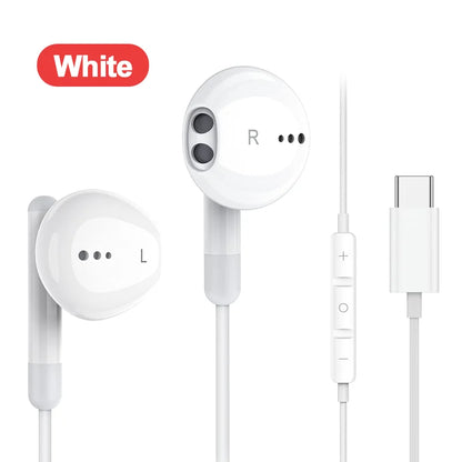 White mic wired headset with usb-c cable for galaxy s24 offering hi-fi surround bass sound quality earphones