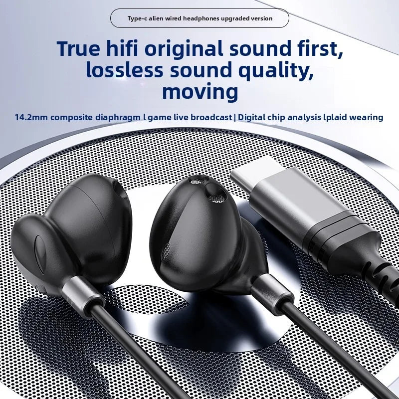 Black type-c alien wired headphones with hifi 9d surround sound and metallic accents for galaxy s25 and galaxy earbuds