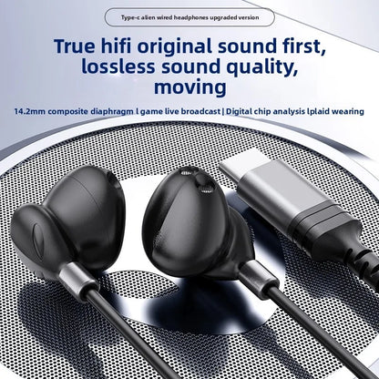 Black type-c alien wired headphones with hifi 9d surround sound and metallic accents for galaxy s25 and galaxy earbuds