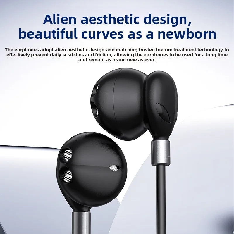 Black wired headphones hifi 9d surround with frosted alien-inspired design for galaxy s25 and galaxy earbuds