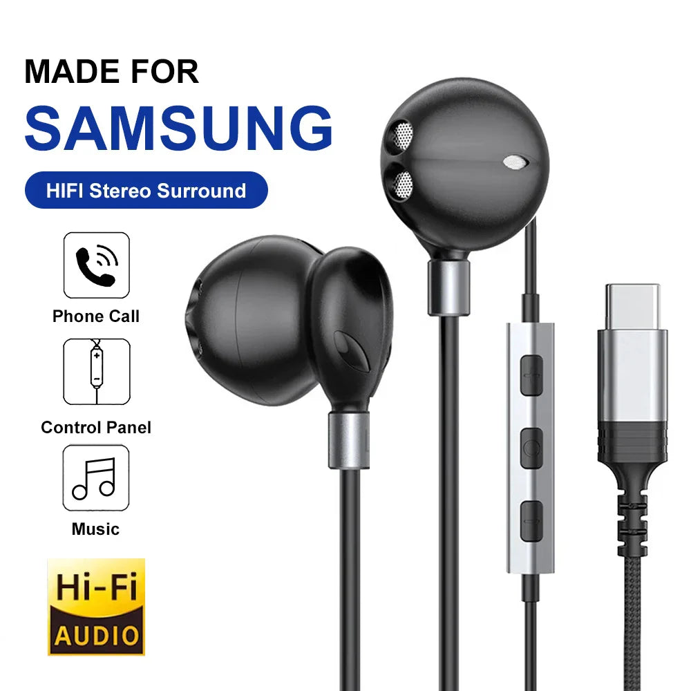 Black wired headphones hifi with silver accents and usb-c cable for galaxy s25 featuring hifi 9d surround sound