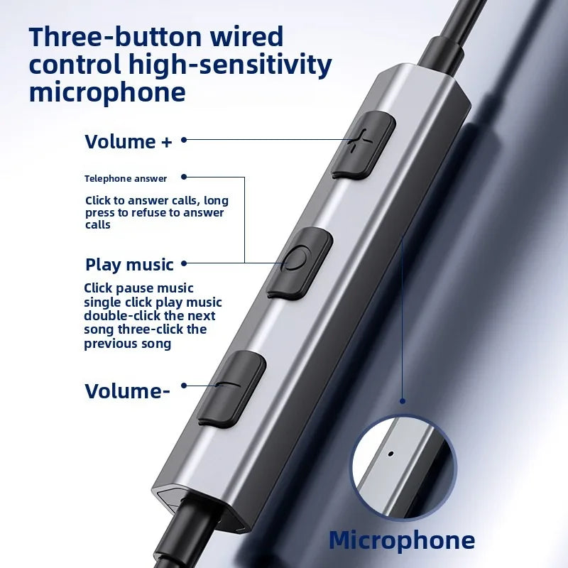 Silver metallic three-button wired microphone with black controls for volume and music playback for galaxy s25 wired headphones hifi 9d surround
