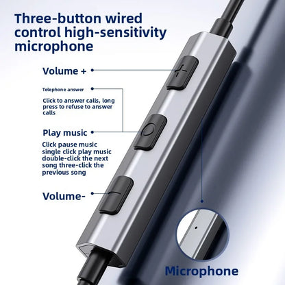 Silver metallic three-button wired microphone with black controls for volume and music playback for galaxy s25 wired headphones hifi 9d surround