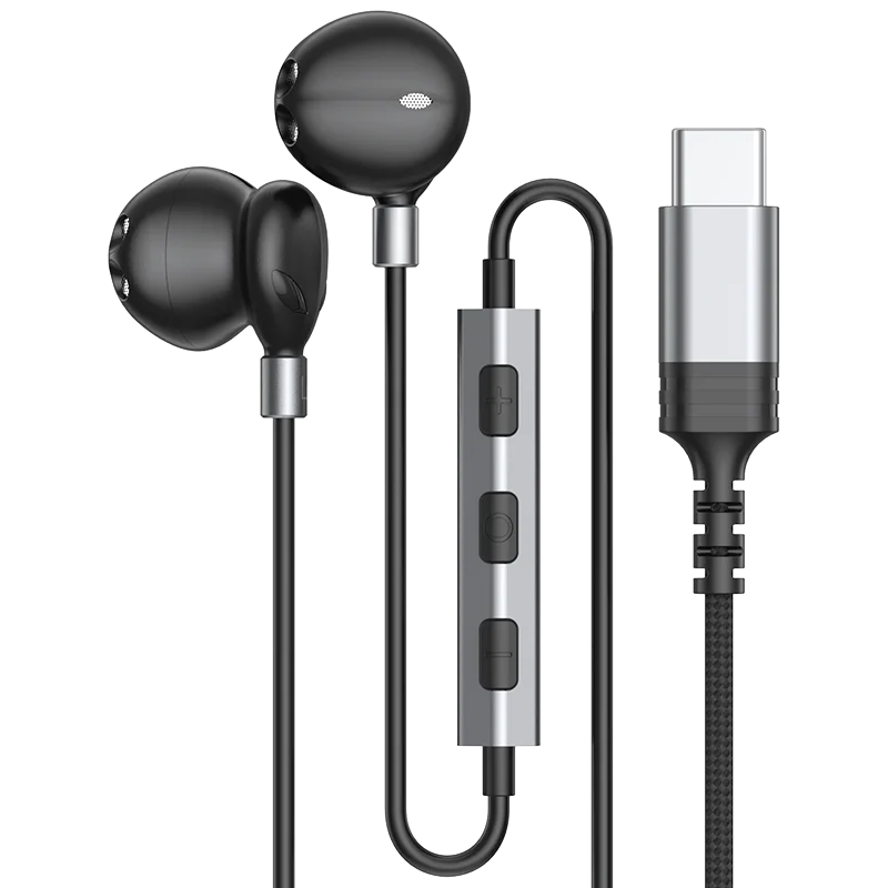 Black wired headphones hifi with silver inline control and usb-c cable for galaxy s25 hifi 9d surround sound