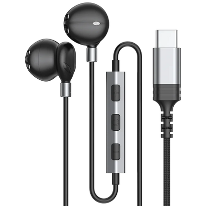 Black wired headphones hifi with silver inline control and usb-c cable for galaxy s25 hifi 9d surround sound