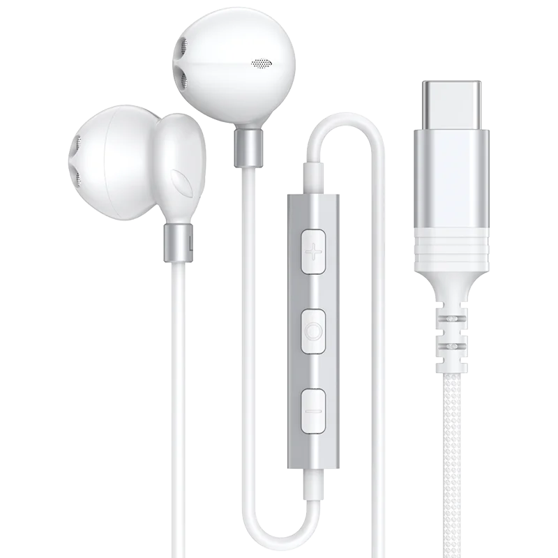 White wired headphones hifi with silver inline control and type c cable for galaxy s25 hifi 9d surround sound