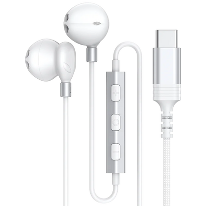 White wired headphones hifi with silver inline control and type c cable for galaxy s25 hifi 9d surround sound