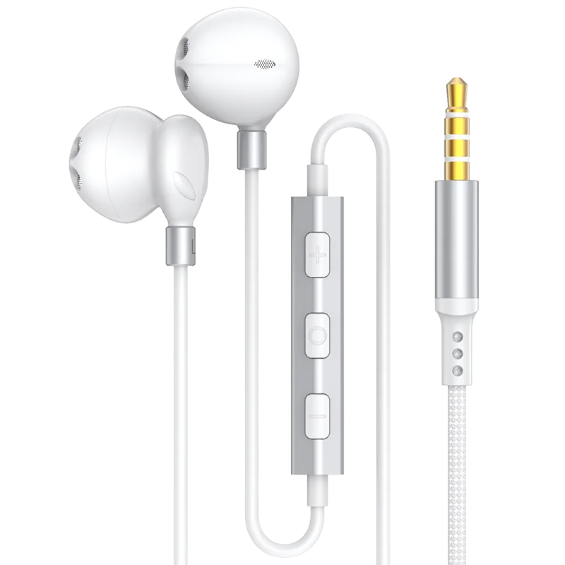 White wired headphones hifi 9d surround with silver inline control and gold-plated 3.5mm jack for galaxy s25
