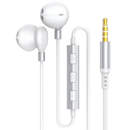 White wired headphones hifi 9d surround with silver inline control and gold-plated 3.5mm jack for galaxy s25