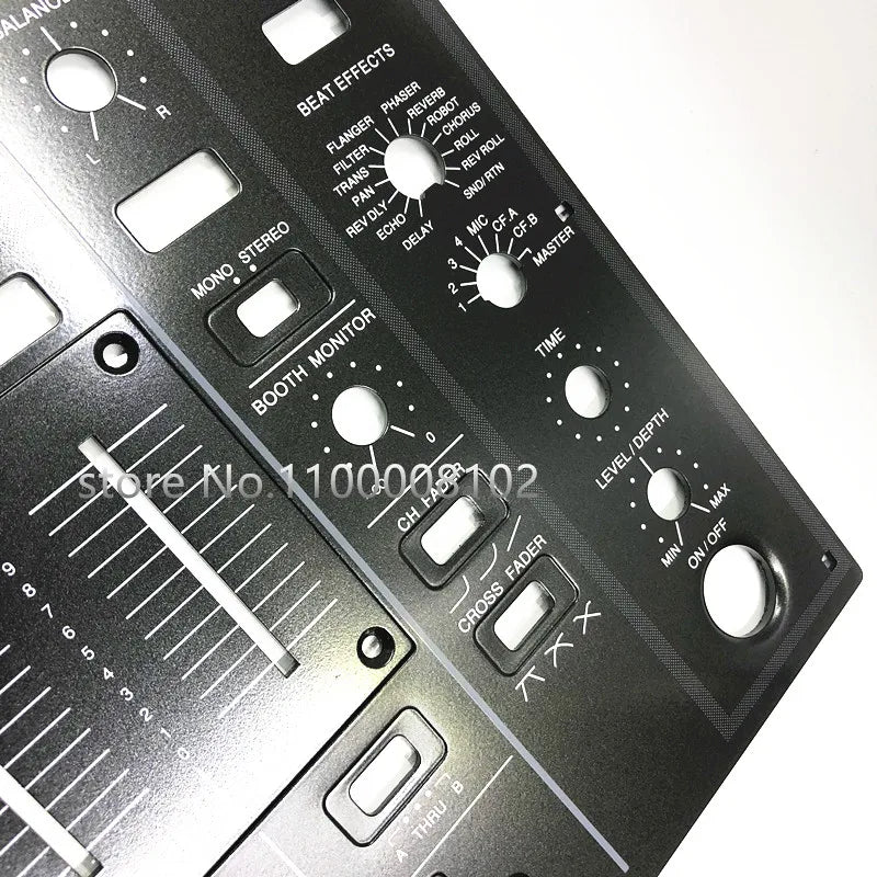Black metal pioneer djm800 faceplate dnb1144 fader panel dah2427 dah2426 brand with silver knobs and labeled beat effect controls