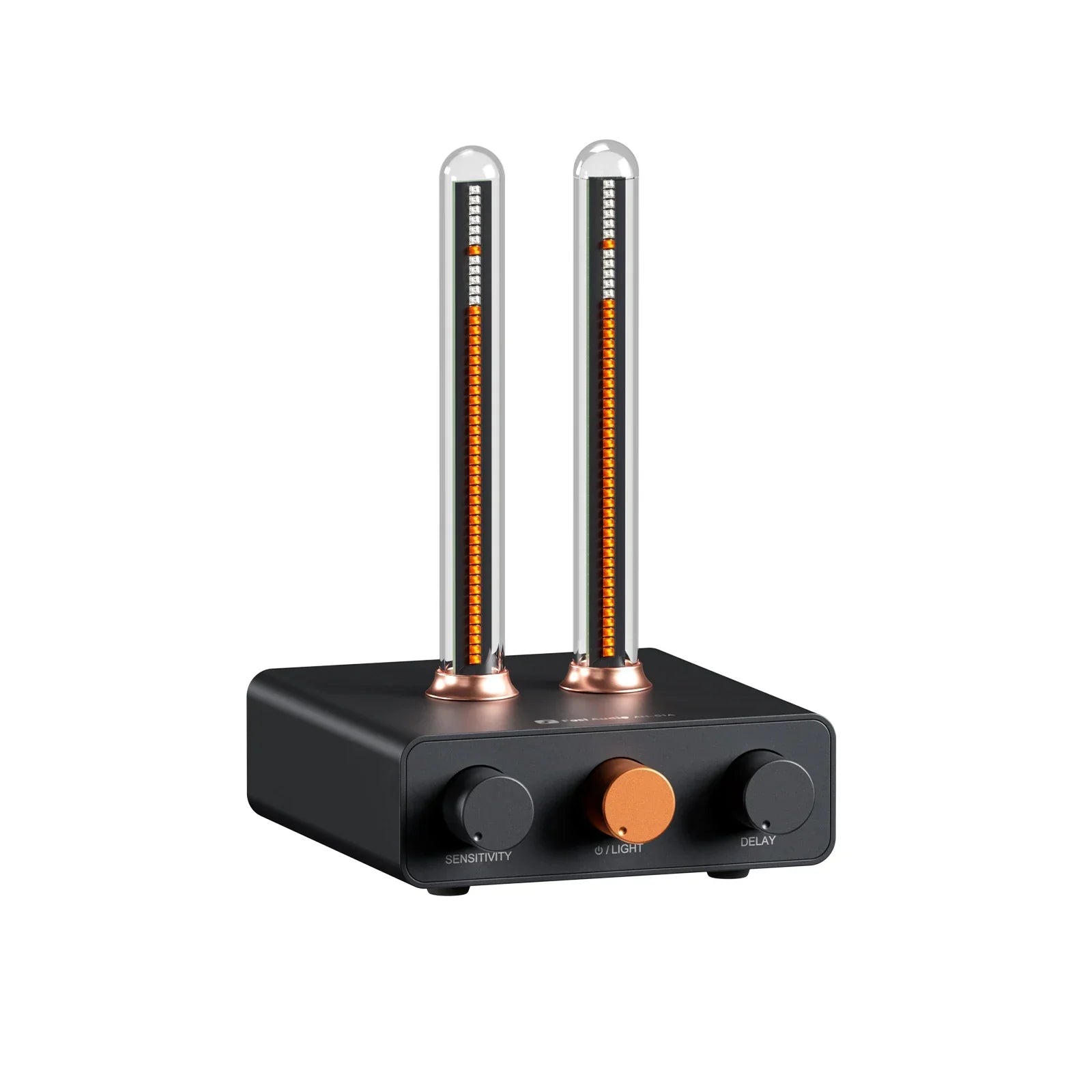Black rectangular fosi audio rhythm ambient monitor light bar with two glass tubes and three control knobs for desktop use