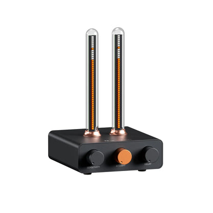 Black rectangular fosi audio rhythm ambient monitor light bar with two glass tubes and three control knobs for desktop use